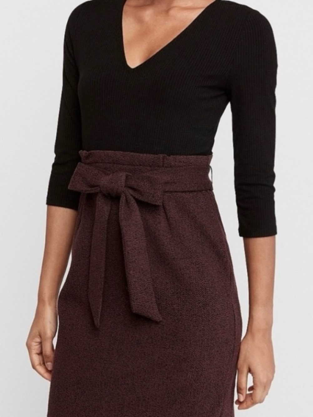 Jacquard High-Waist Sash Tie with Black V-Neck Dress - NWT